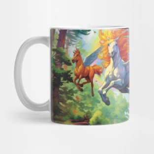 Enchanted Flight: Rainbow Pegasus Soaring Through the Forest Mug